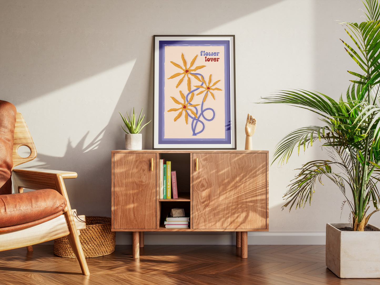 Modern living room with wooden cabinet, brown chair, and abstract art on the wall.