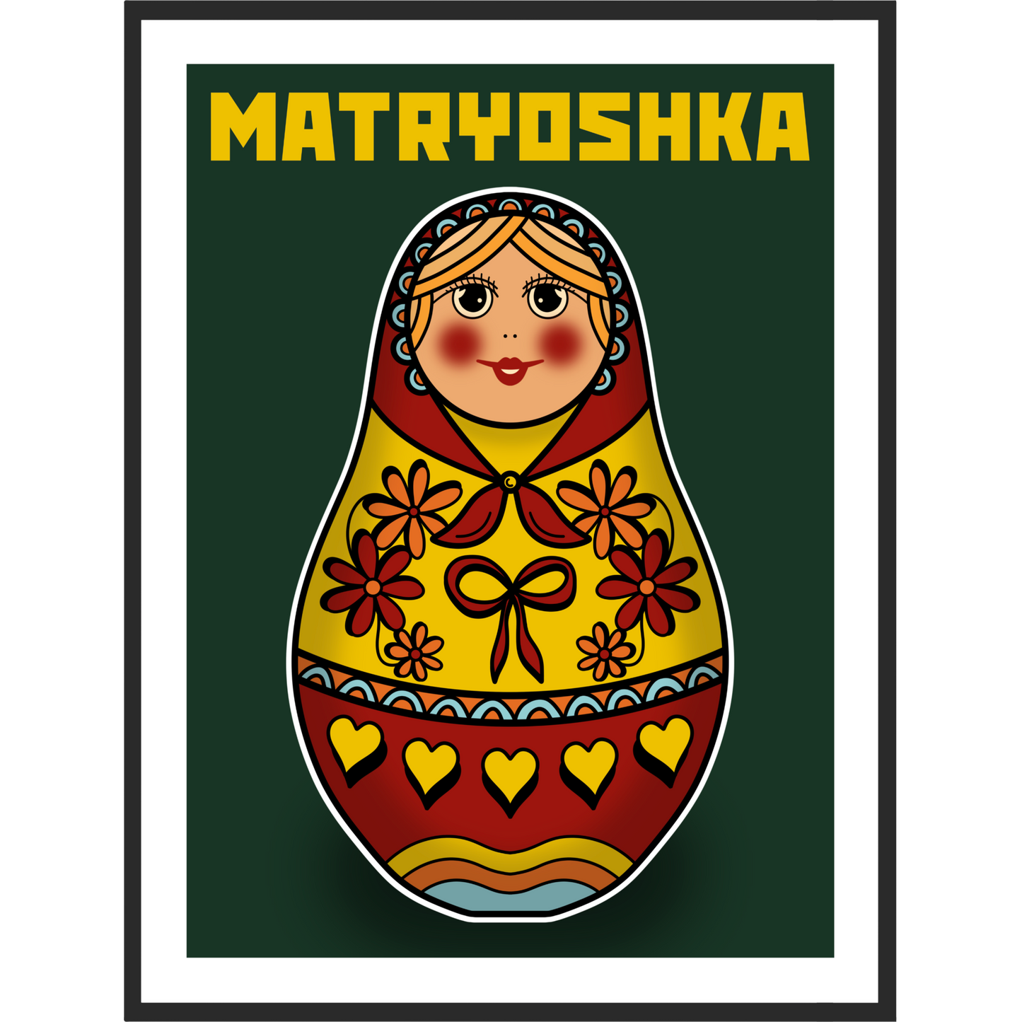 Framed artwork of a Matryoshka doll on a green background.