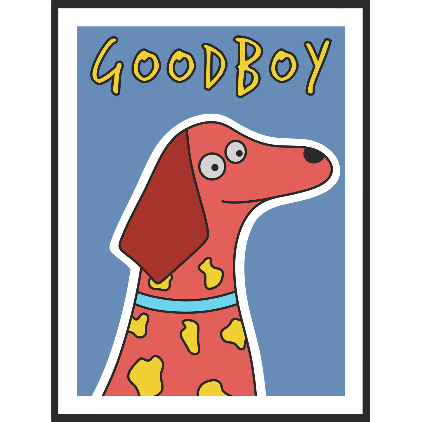 Framed illustration of a pink dog with 'Good Boy' text on a blue background.