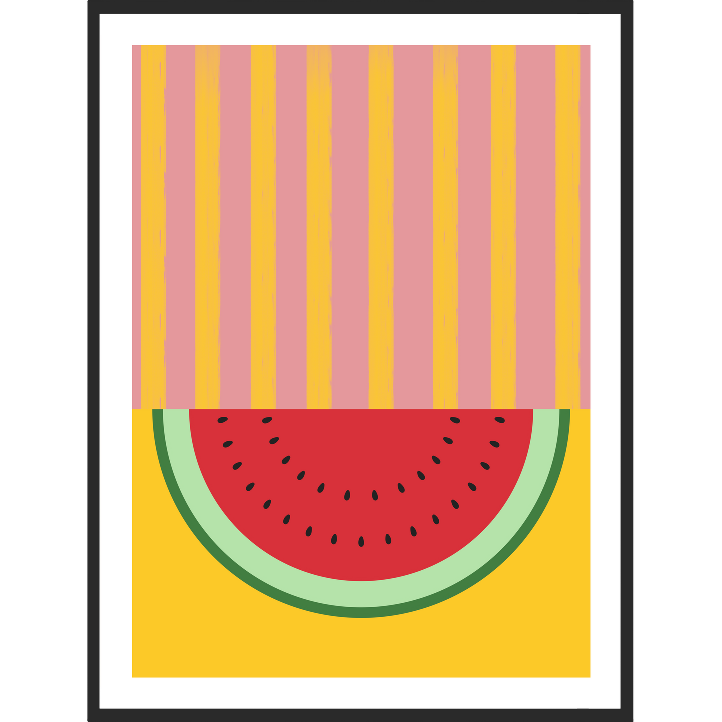 Framed abstract art print of a watermelon slice on a pink and yellow background.