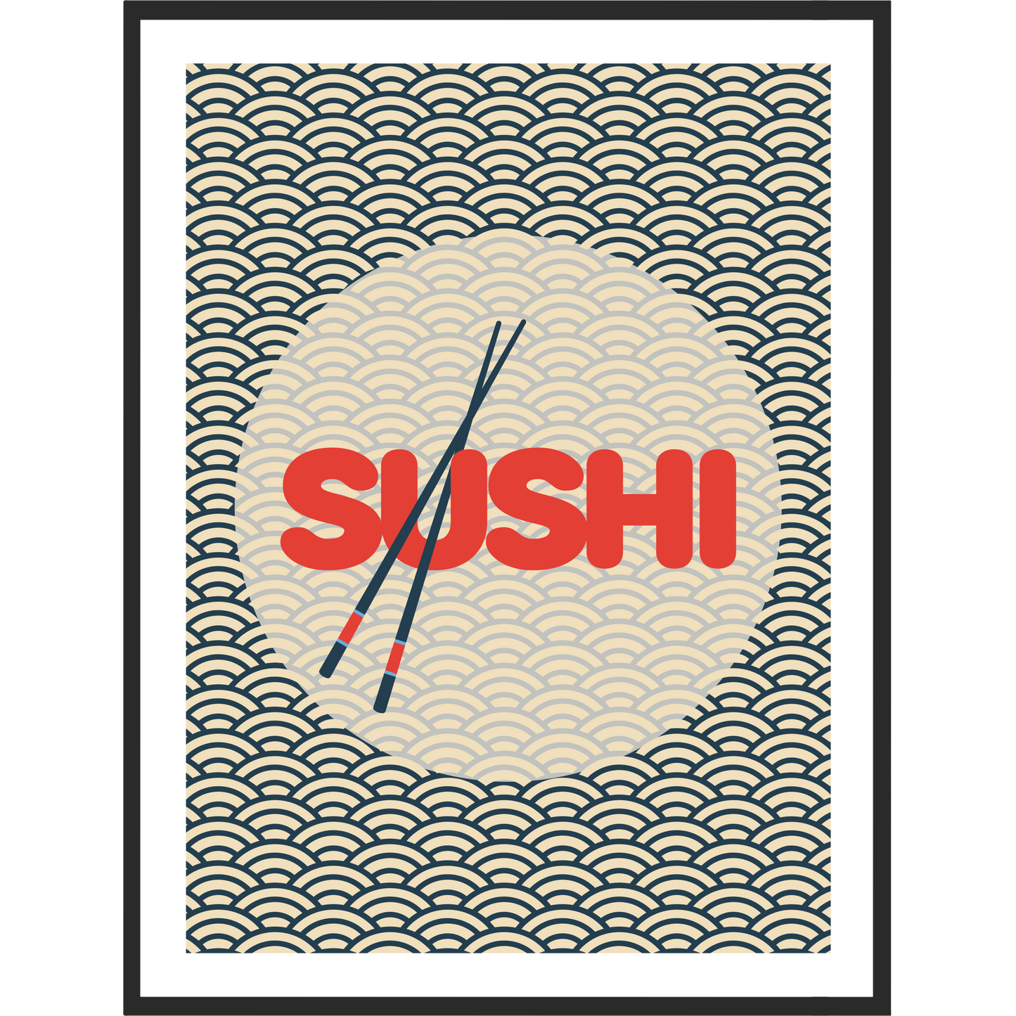 Japanese style artwork with SUSHI text and chopsticks