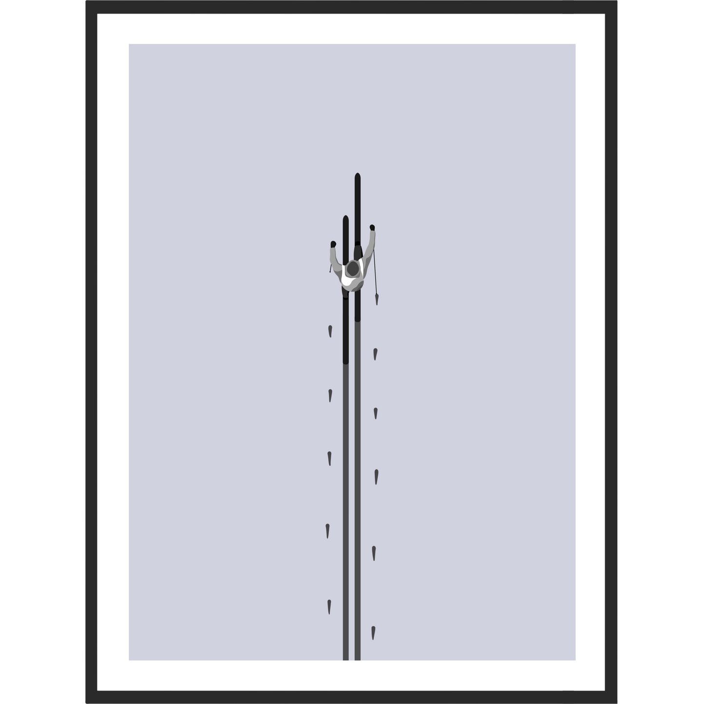 Framed artwork of a cross-country skier from above