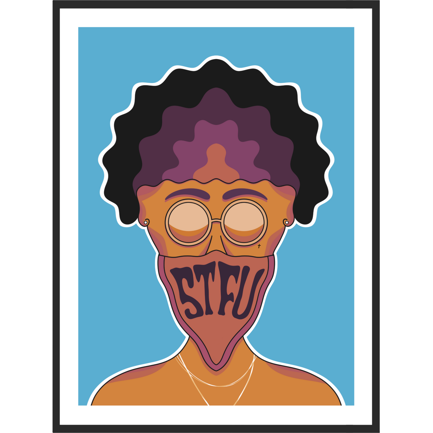 Artwork of a man's face covered with a bandana that says STFU.