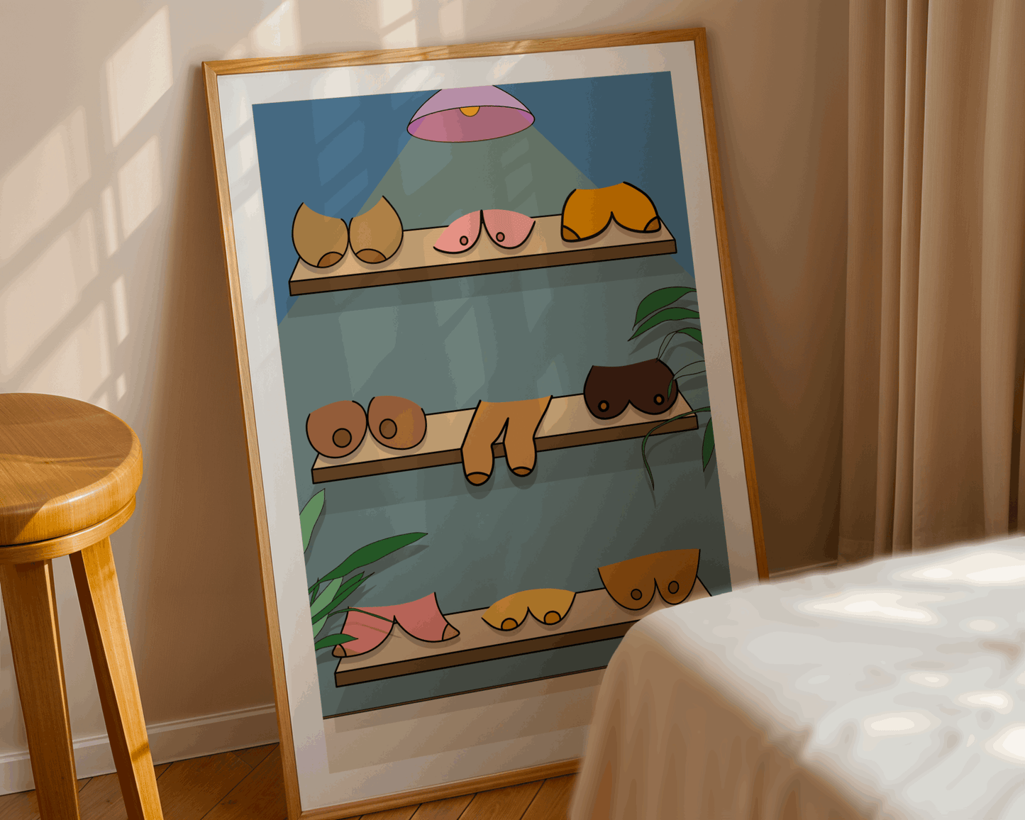Framed artwork of book shelves on a wall with a stool and bed in the foreground.