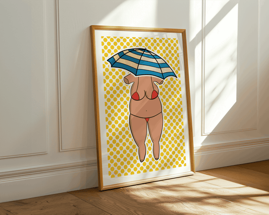 Framed artwork of a venus figure with a blue and white striped umbrella on a yellow patterned background, leaning against a wall.
