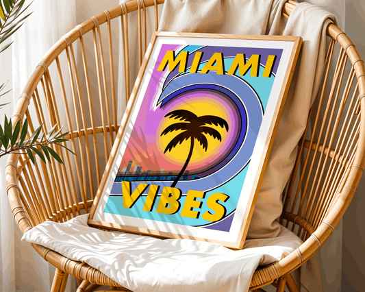 Framed 'Miami Vibes' artwork with palm tree on a wave.