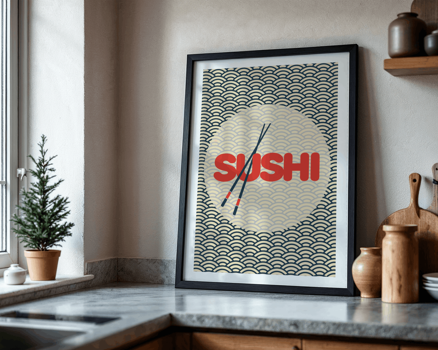Framed poster with 'SUSHI' text and chopsticks on a kitchen counter.