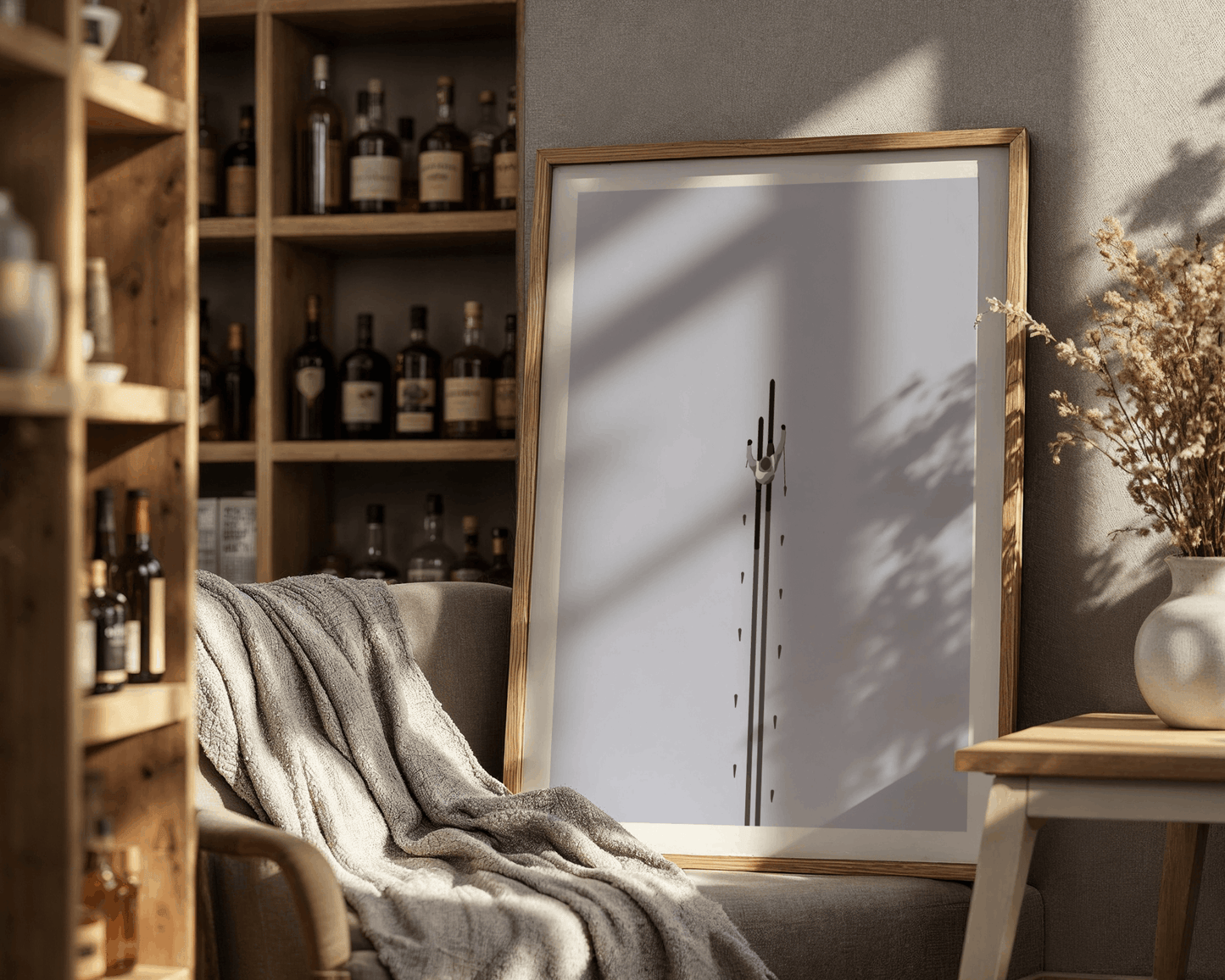 Framed ski artwork on a wall with a bookshelf and decorative items in the background.