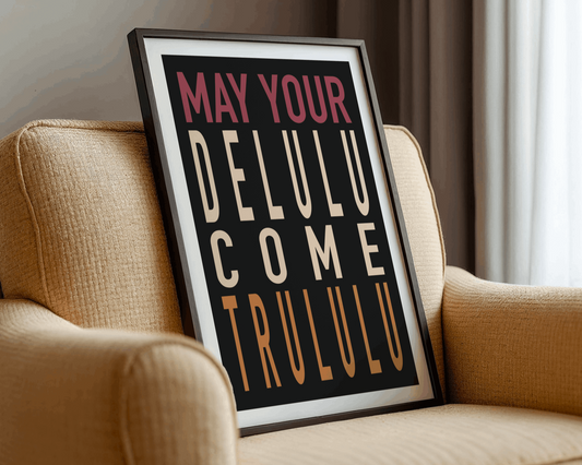 Framed artwork with humorous text on a beige armchair