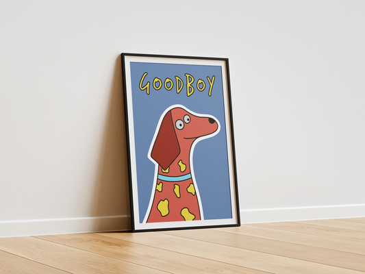 Framed illustration of a dog with 'Good Boy' text on a white wall.