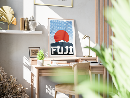 Modern office space with a desk, chair, and framed artwork of Mount Fuji.