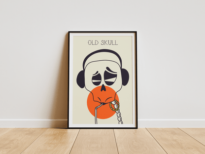 Framed artwork of a skull with headphones and an orange mouth on a beige background.