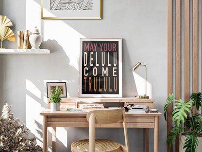 Home office with wooden desk, chair, and decorative elements.