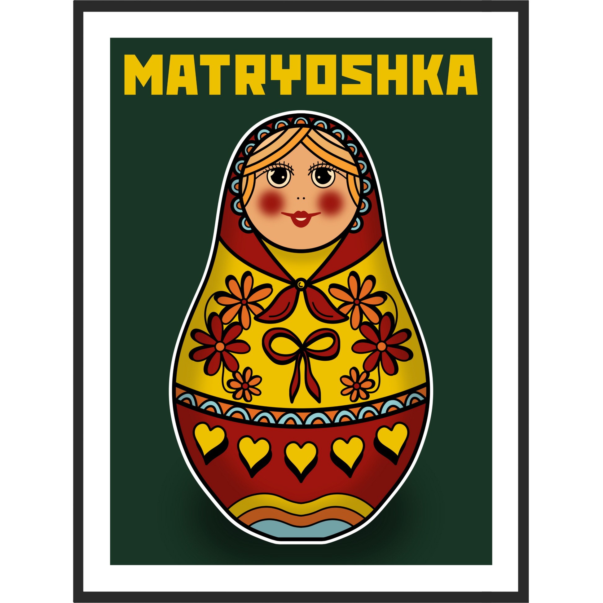 Framed artwork of a Matryoshka doll on a green background.