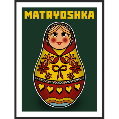 Framed artwork of a Matryoshka doll on a green background.