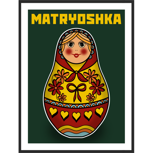 Framed artwork of a Matryoshka doll on a green background.