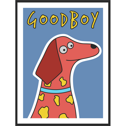 Framed illustration of a pink dog with 'Good Boy' text on a blue background.