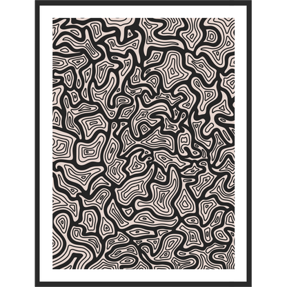 Framed black and white abstract line art.