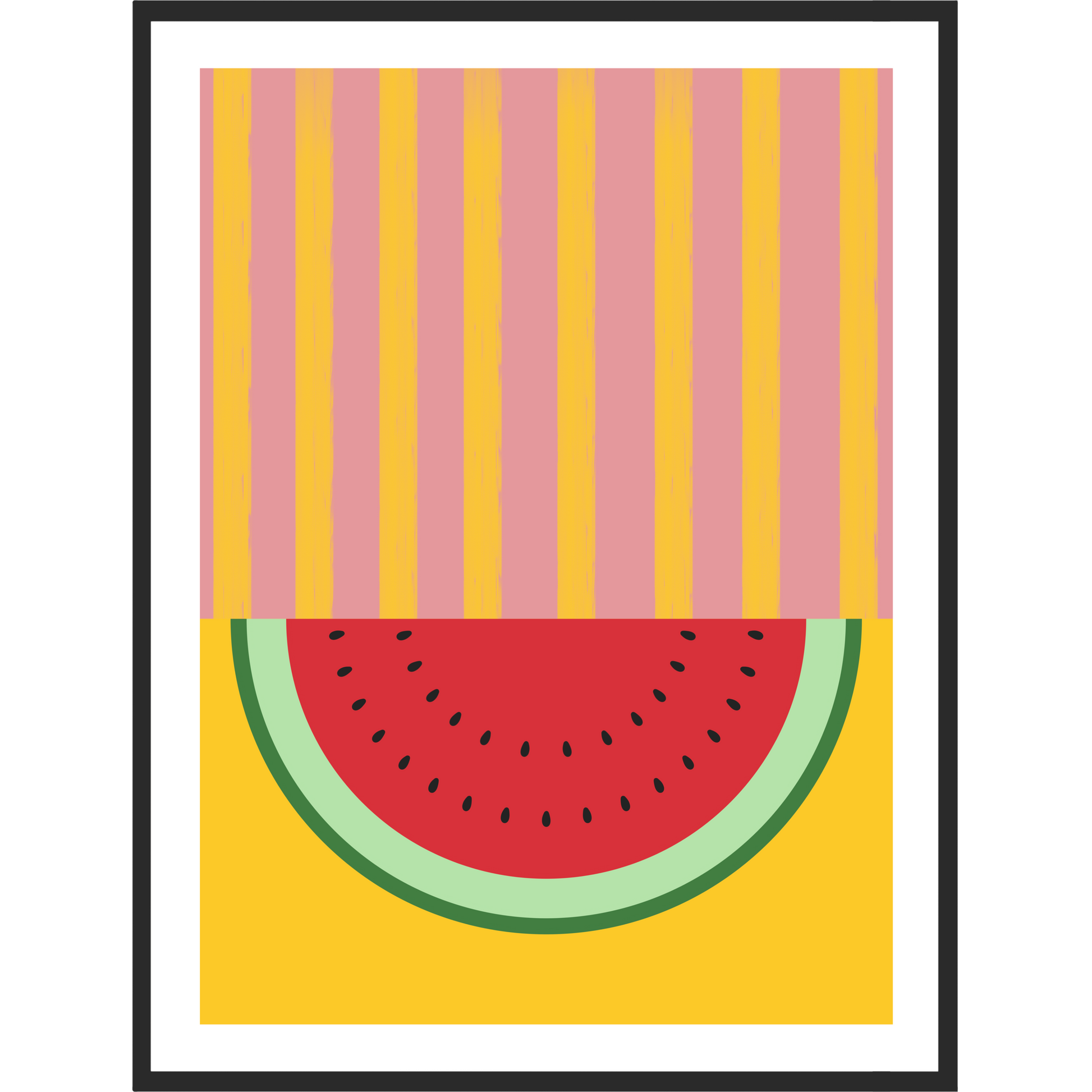 Framed abstract art print of a watermelon slice on a pink and yellow background.