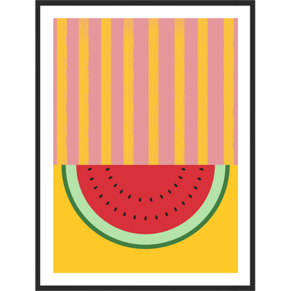 Framed abstract art print of a watermelon slice on a pink and yellow background.
