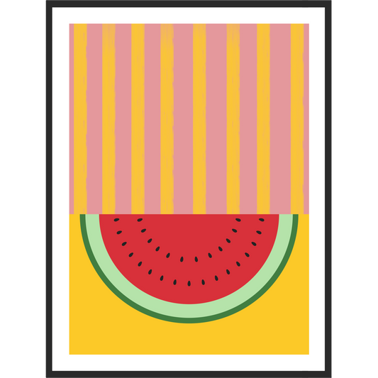 Framed abstract art print of a watermelon slice on a pink and yellow background.
