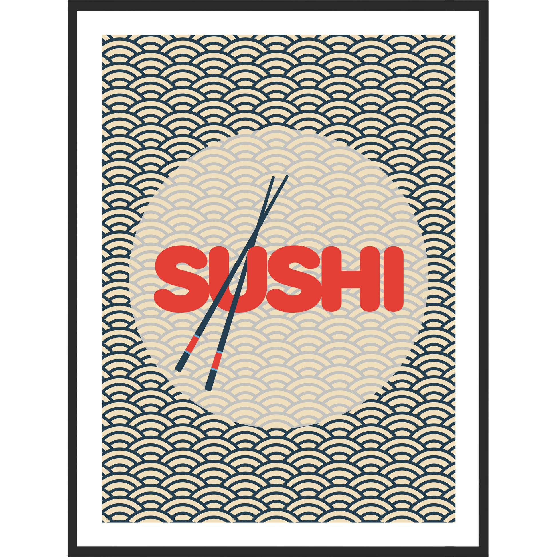 Japanese style artwork with SUSHI text and chopsticks