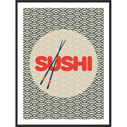 Japanese style artwork with SUSHI text and chopsticks