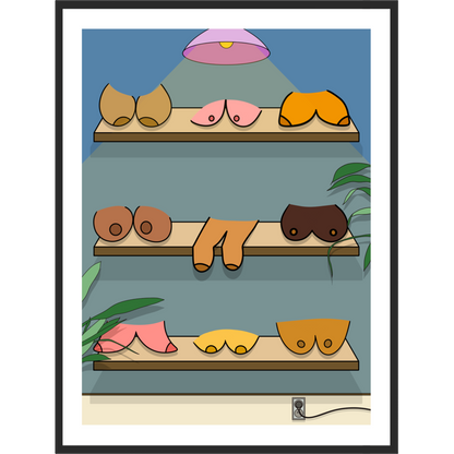 Framed illustration of a shelf with boobs  on a blue background.