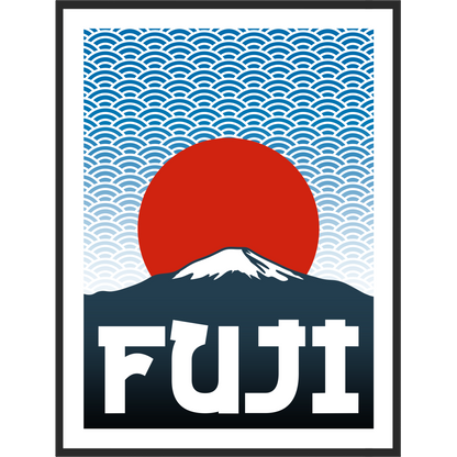 Framed Japanese artwork of Mount Fuji with a red sun and seigaiha waves on the background.
