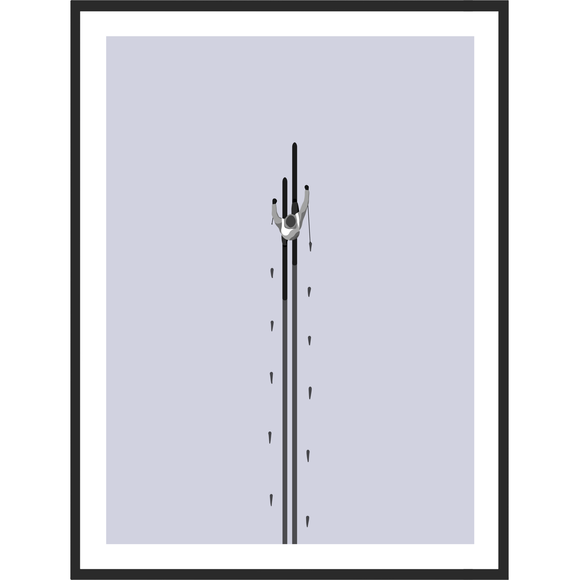 Framed artwork of a cross-country skier from above