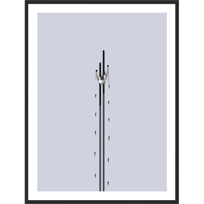 Framed artwork of a cross-country skier from above