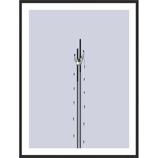 Framed artwork of a cross-country skier from above