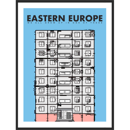 Framed poster with 'Eastern Europe' text and building illustration.
