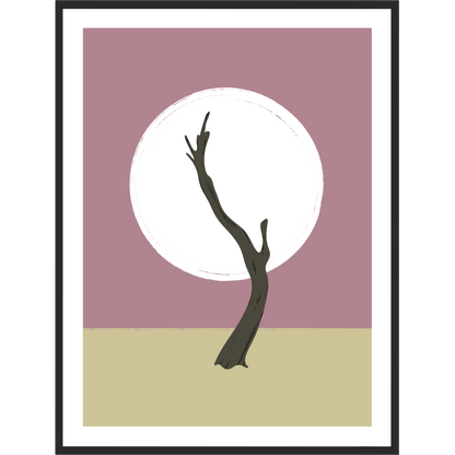 Minimalist art print with a Namibian tree silhouette against a full moon on a pink and beige background.