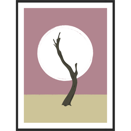 Minimalist art print with a Namibian tree silhouette against a full moon on a pink and beige background.