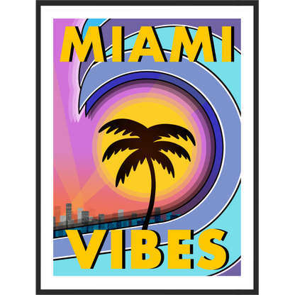 Framed 'Miami Vibes' poster with palm tree and colorful design on a white wall.