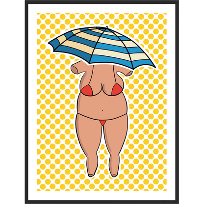 Framed artwork of a woman in bikini with an umbrella on a yellow patterned background.