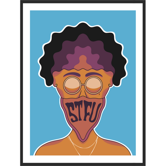 Artwork of a man's face covered with a bandana that says STFU.