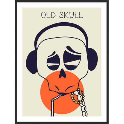 Illustration of a skull wearing headphones with text 'Old Skull' on a beige background