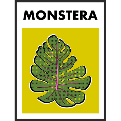 Framed poster with a leaf design and 'MONSTERA' text on a yellow background.