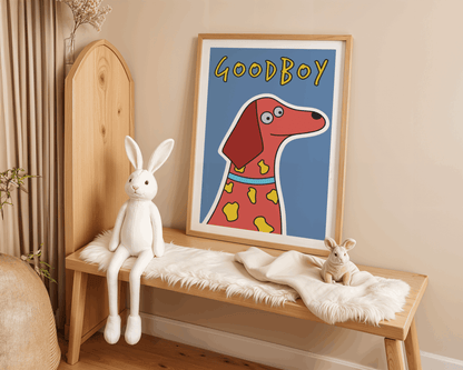 Wooden bench with plush toys and a framed picture of a dog with 'Good Boy' text.