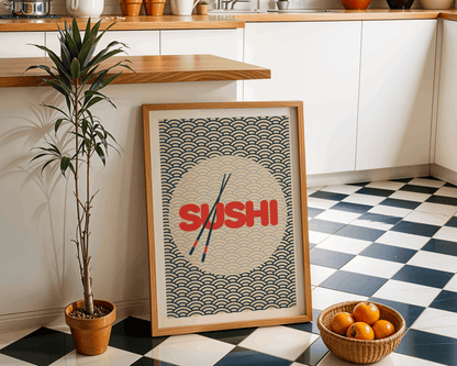 Framed poster with 'SUSHI' text and chopsticks in a kitchen setting