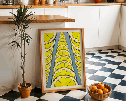 Framed abstract artwork with lemon slices in a kitchen setting.