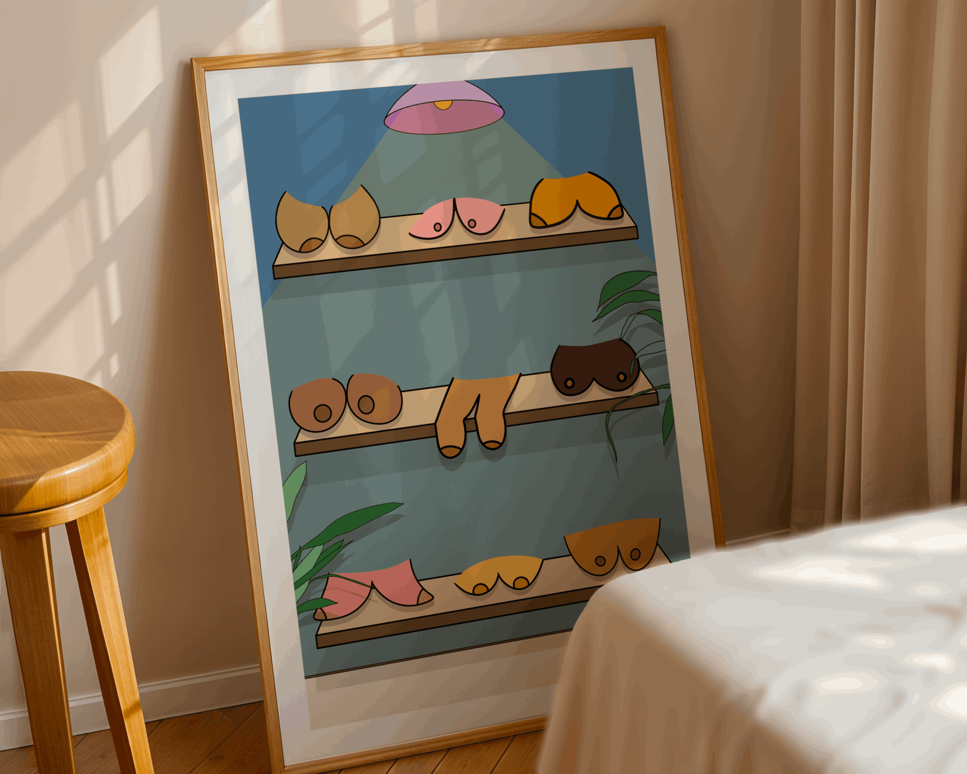 Framed artwork of book shelves on a wall with a stool and bed in the foreground.