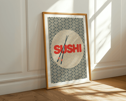 Framed poster with 'SUSHI' text and wave patterns on a wall.