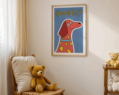 Children's room with a teddy bear on a chair and a framed picture of a dog with 'Good Boy' text.