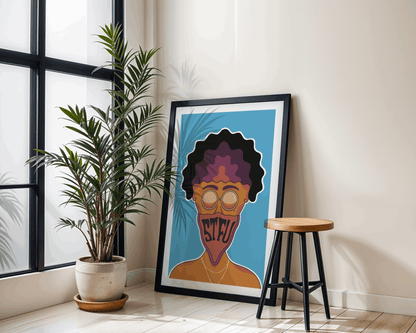 Framed artwork of a stylized portrait with 'STFU' text, placed indoors next to a plant and stool.