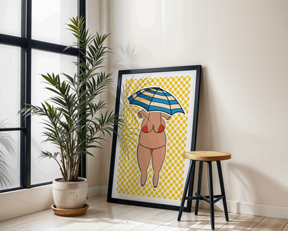 Framed artwork of a woman with an umbrella on a yellow patterned background, placed in a room with a plant and stool.