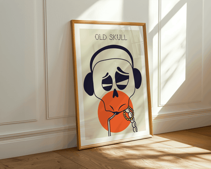 Framed artwork of a stylized skull with headphones on a white wall.