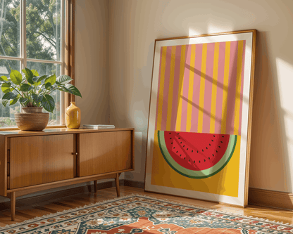 Framed abstract artwork of a watermelon slice in a room with a wooden cabinet and window.